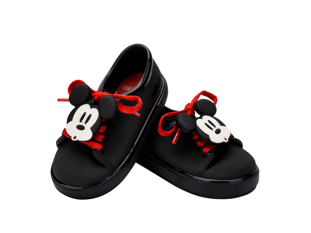 Mini Melissa siyah çocuk sneaker, çıkarılabilir Mickey karakterli ve bağcık detaylı şık model.