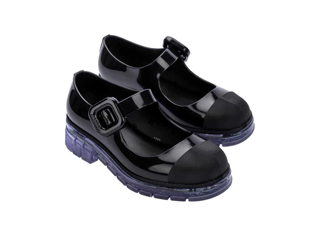 Mini Melissa June siyah kız çocuk Mary Jane ayakkabı çifti, kalın şeffaf tabanlı, modern ve şık tasarım