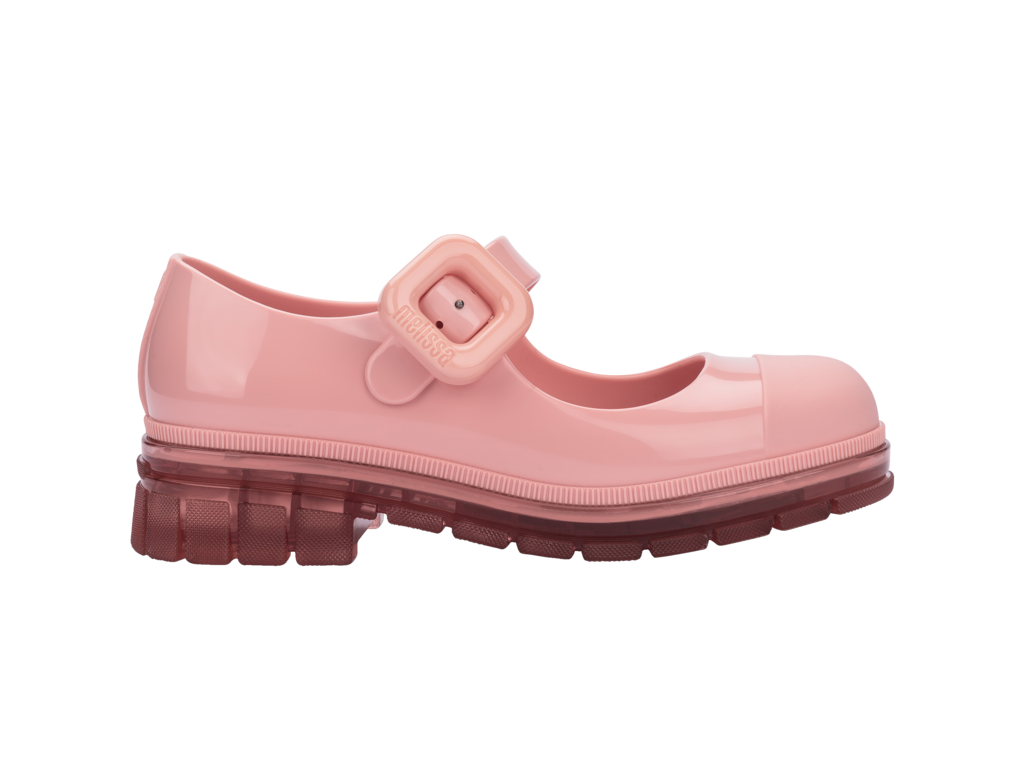 Mini Melissa June INF pembe çocuk Mary Jane ayakkabı, yan görünüm, parlak yüzey ve tokalı kayışlı
