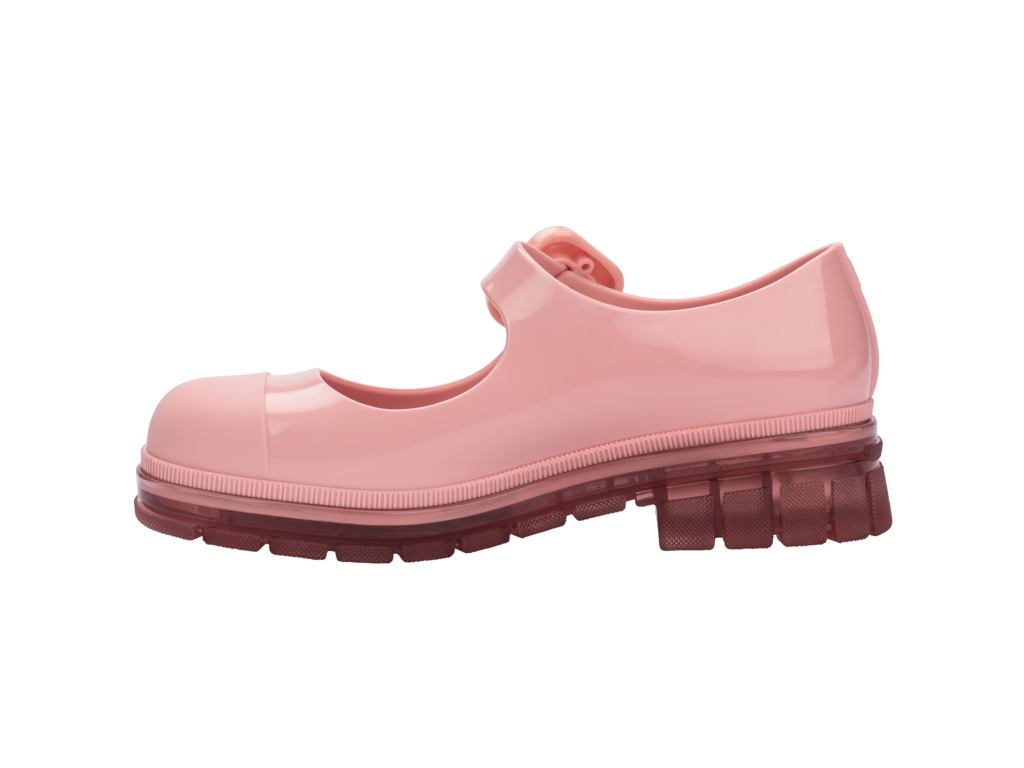 Mini Melissa June pembe kız çocuk ayakkabı, yandan görünüm, mat burun ve kalın taban detaylı