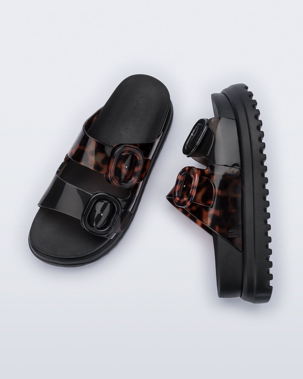 Melissa Cozy Platform Black/Tortoise kadın platform terlik üstten görünüm – ayarlanabilir çift tokalı tasarım
