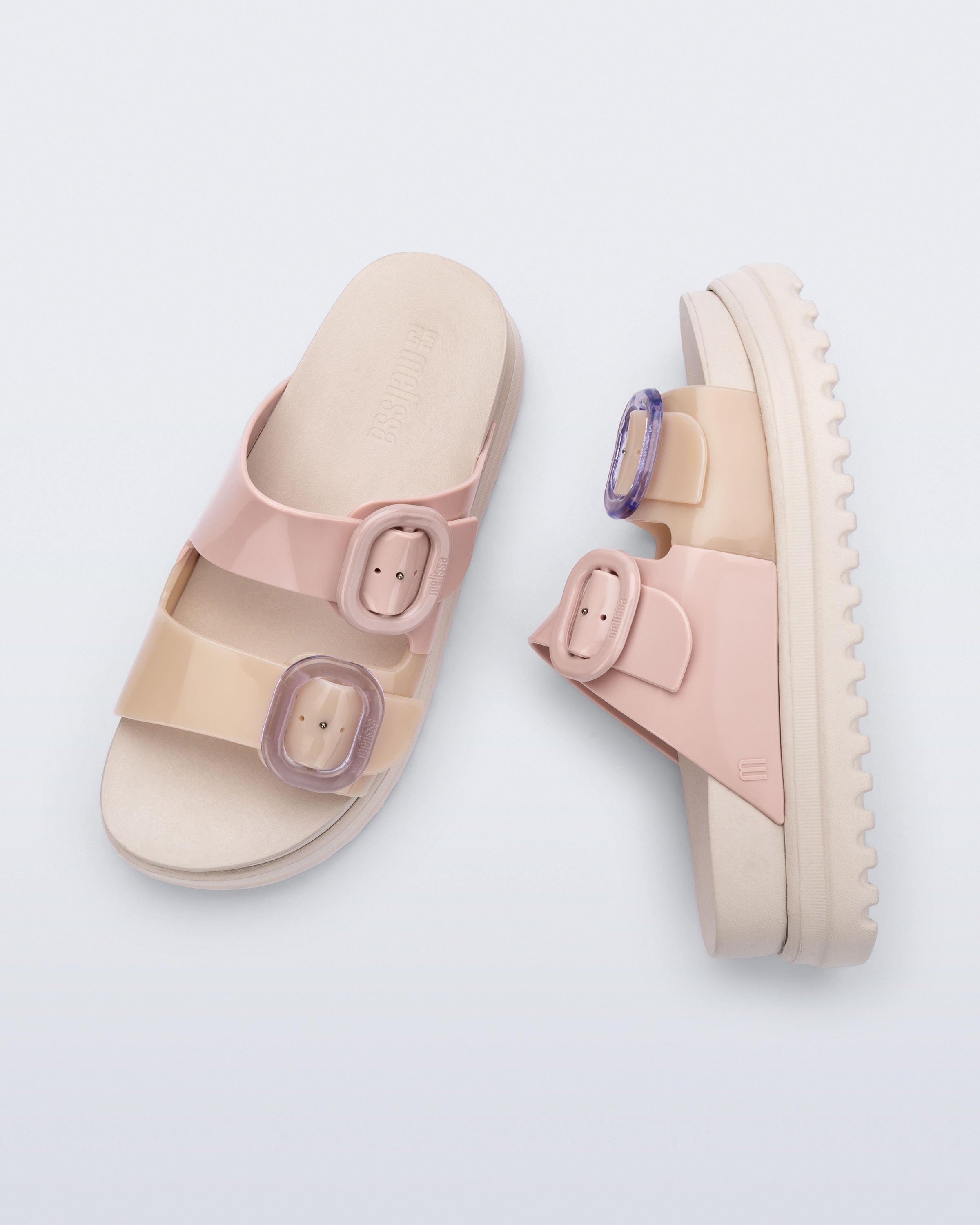 Melissa Cozy Platform Bej Pembe kadın platform terlik üstten görünüm – rahat taban ve çift toka tasarımı