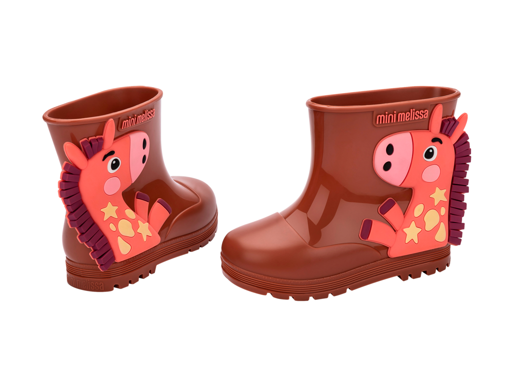 Mini Melissa Welly Wonderland BB kahverengi çocuk yağmur çizmesi – çift görünüm – 3D pony figürü ve yıldız aplikeli, günlük kullanım ve yağmur için ideal