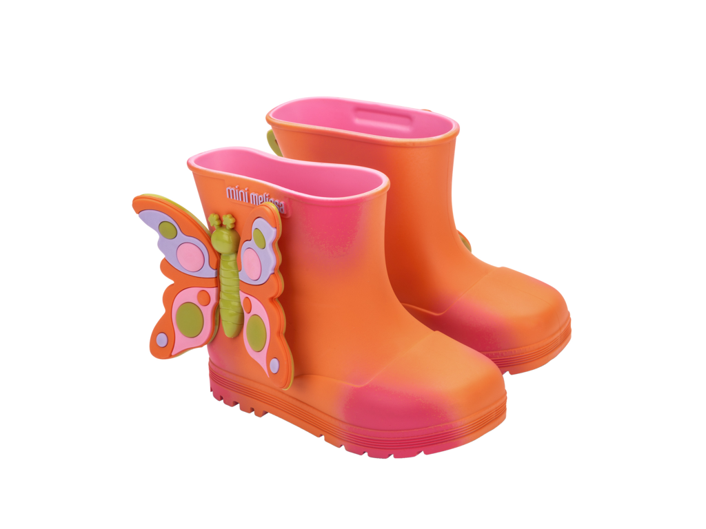 Mini Melissa Welly Wonderland BB pembe turuncu yağmur çizmesi çift görünüm – Riki Baby&Kids, 3D kelebek figürlü, çocuklara özel su geçirmez bot.