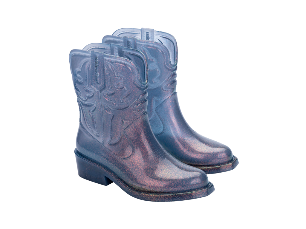 Mavi glitter Mini Melissa Texas Boot INF kovboy botu, çift görünüm, western kabartma detaylı çocuk bot