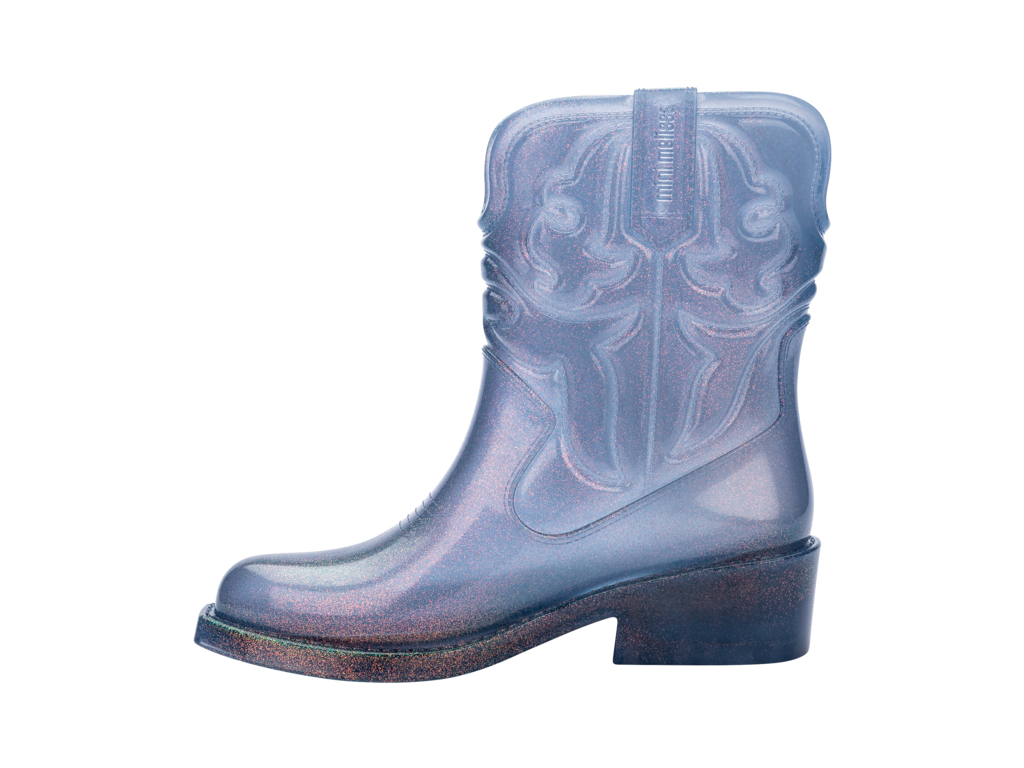 Mini Melissa Texas Boot INF parıltılı mavi sol profil görünümü, western kabartmalı çocuk bot modeli