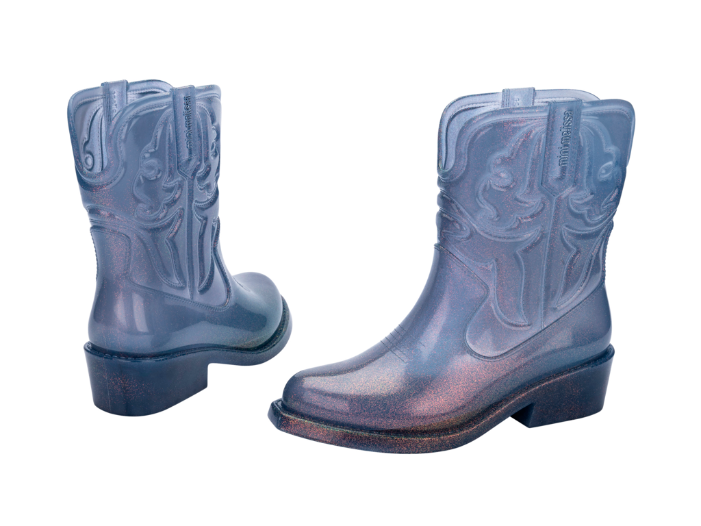 Mini Melissa Texas Boot INF glitter mavi, arka ve yan görünüm, western tarz, minikler için kolay giyilebilir kovboy botu