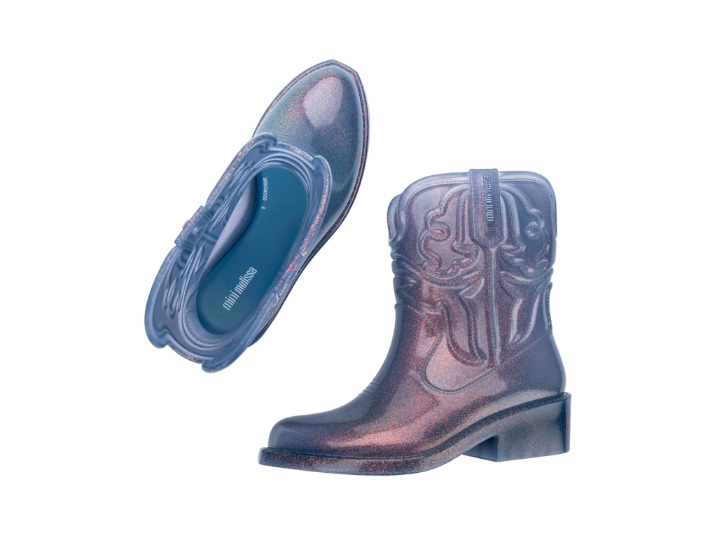 Mini Melissa Texas Boot INF glitter mavi çocuk kovboy botu, üstten ve yandan görünüm, western desenli ışıltılı tasarım