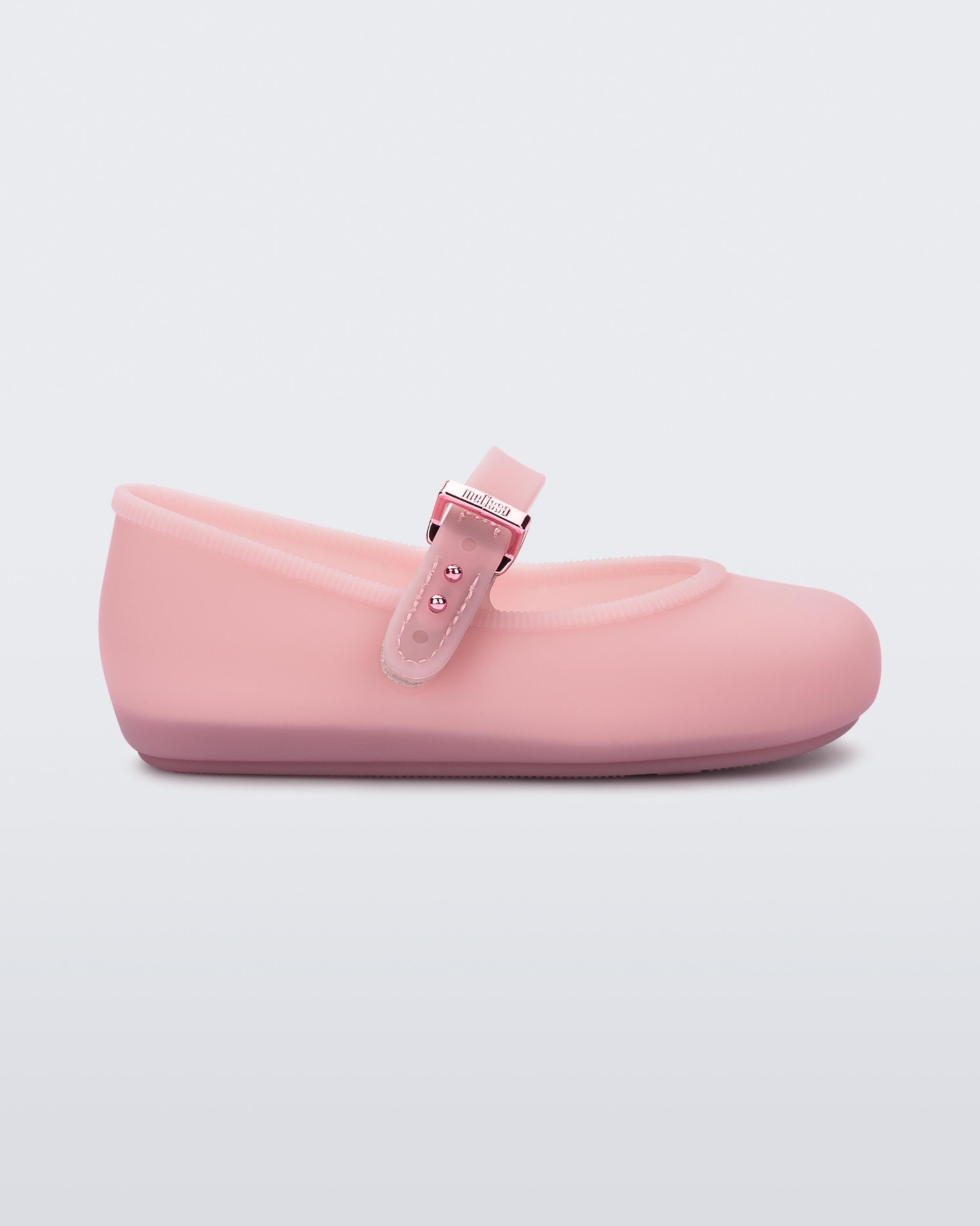 Mini Melissa Soft Ballerina pembe kız bebek babet ayakkabı yan görünüm velcro kayış