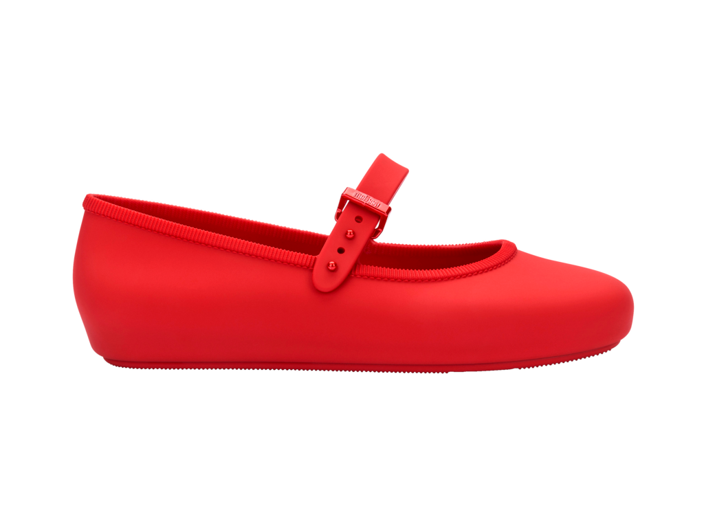 Mini Melissa Soft Ballerina INF kırmızı yan görünüm, ayarlanabilir bilek kayışlı çocuk ayakkabısı