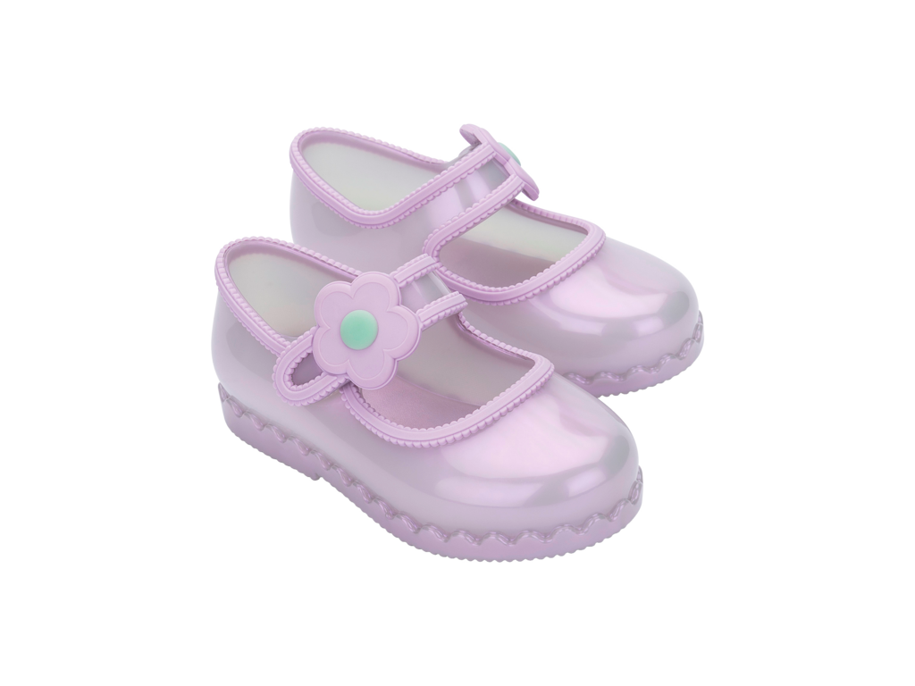 Mini Melissa Hip Ballerina BB inci mavi çocuk ayakkabı – çift görünüm, kaymaz taban, çiçekli kayış, günlük ve özel gün kullanımı
