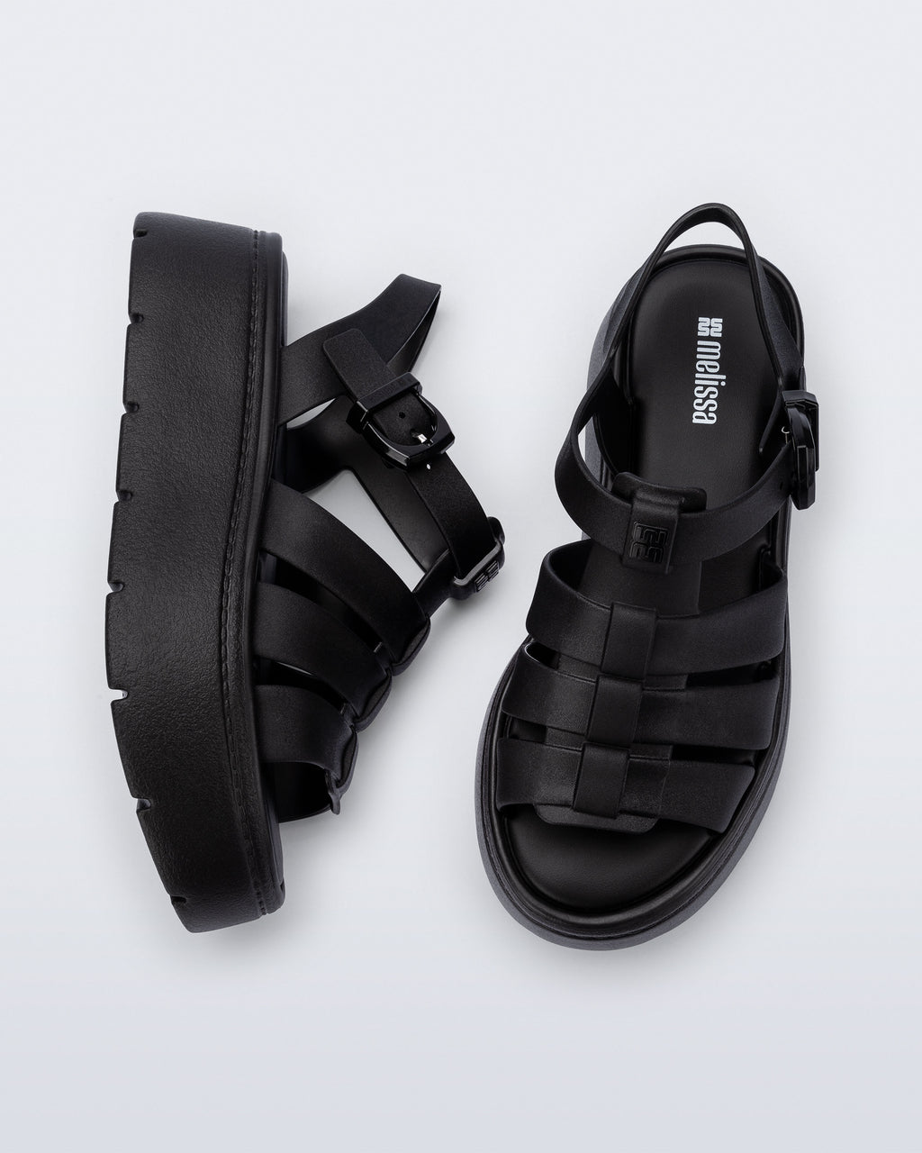 Melissa Up Platform siyah kadın sandalet, üstten görünüm – kayış ve platform taban detaylı.