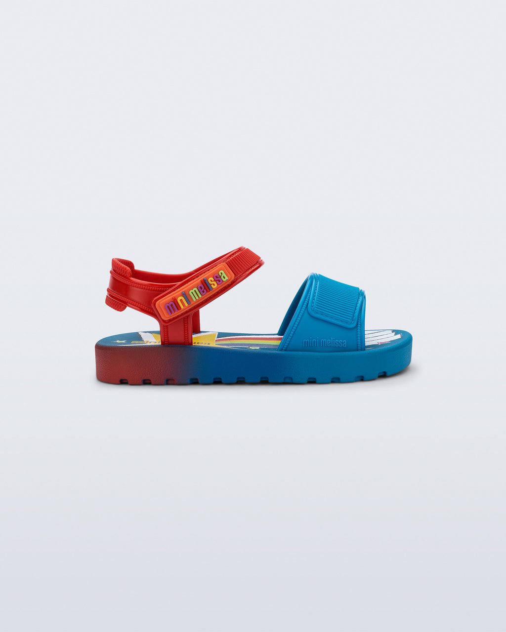 Mini Melissa Colors mavi kırmızı mix renk geçişli cırt cırtlı çocuk sandaleti profilden görünüm