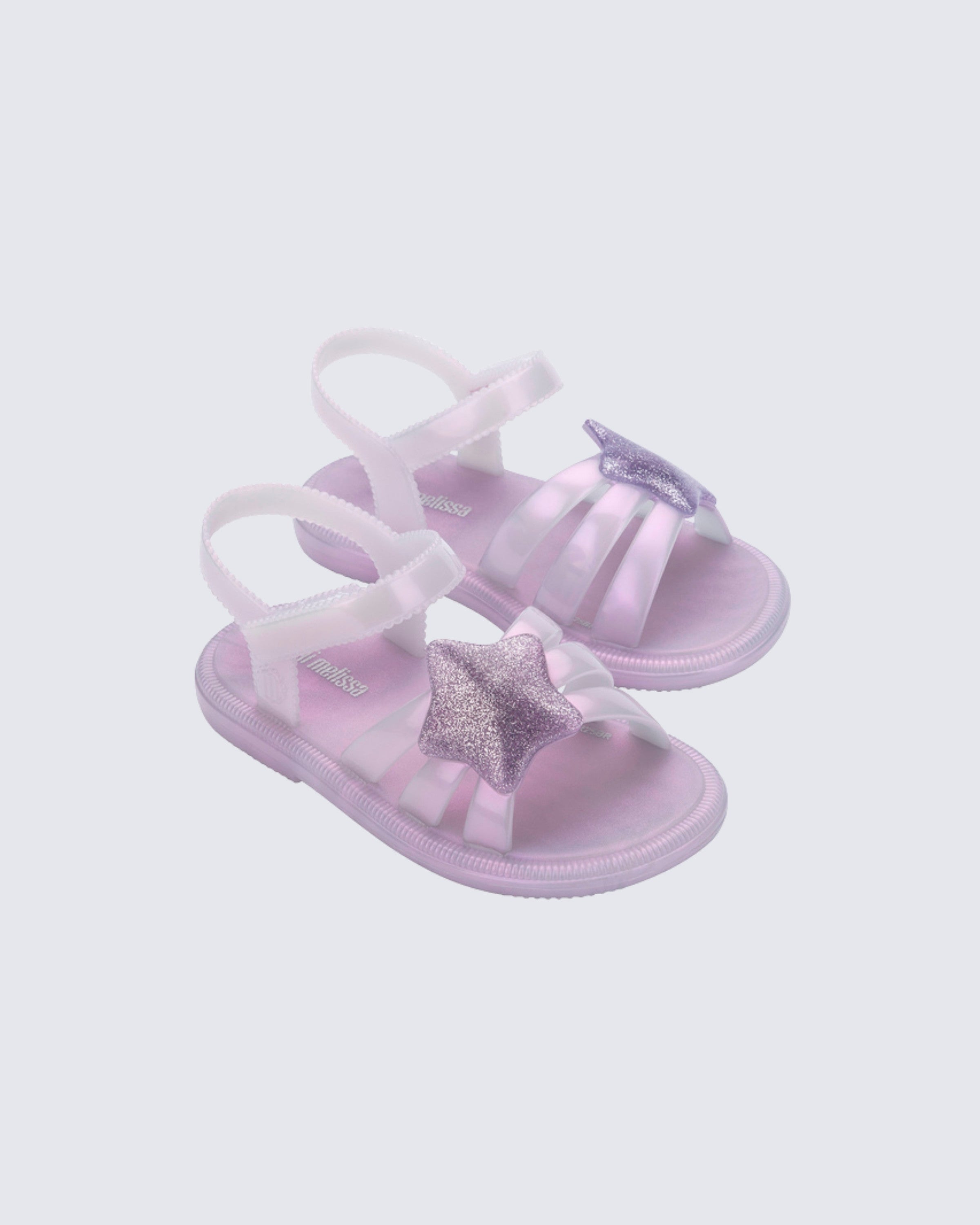 Mini Melissa Star lila renkli simli yıldız detaylı bebek ve çocuk sandaleti profilden görünüm