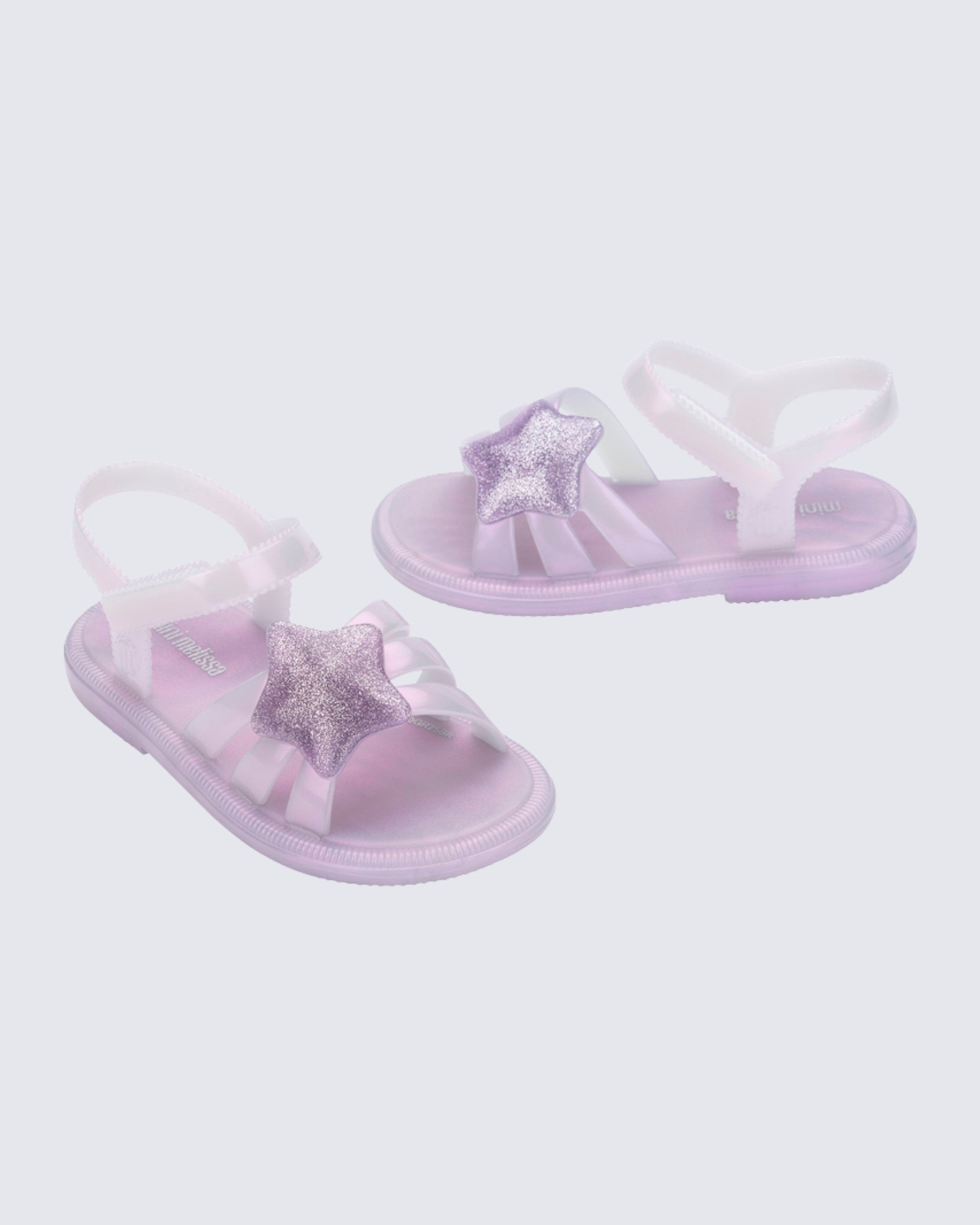 Vegan Melflex dokulu Mini Melissa lila cırt cırtlı yıldız aplikeli sandalet çapraz açı