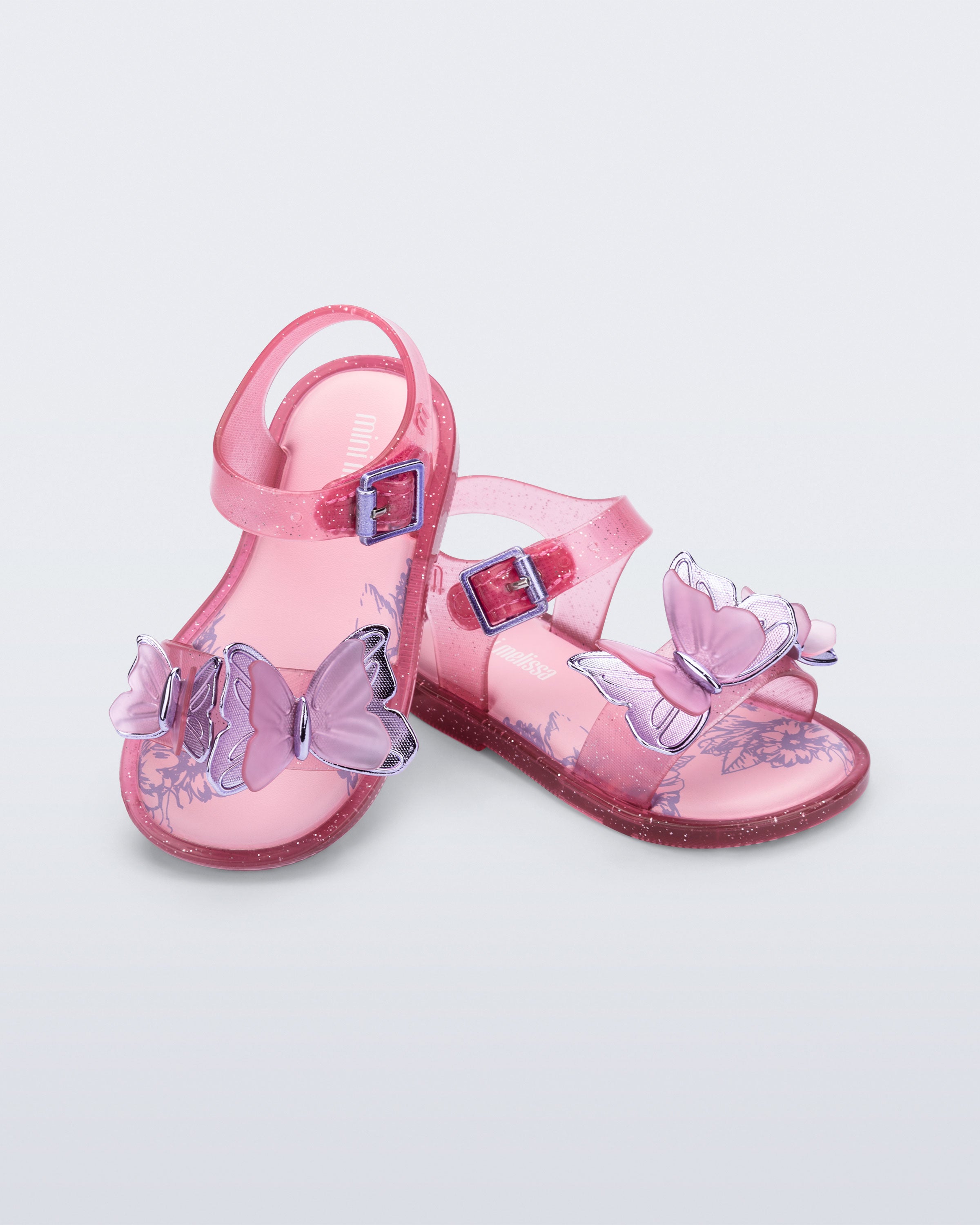 Mini Melissa Fly Sandal III Baby simli pembe bebek sandalet, kelebek detaylı ve tokalı tasarım