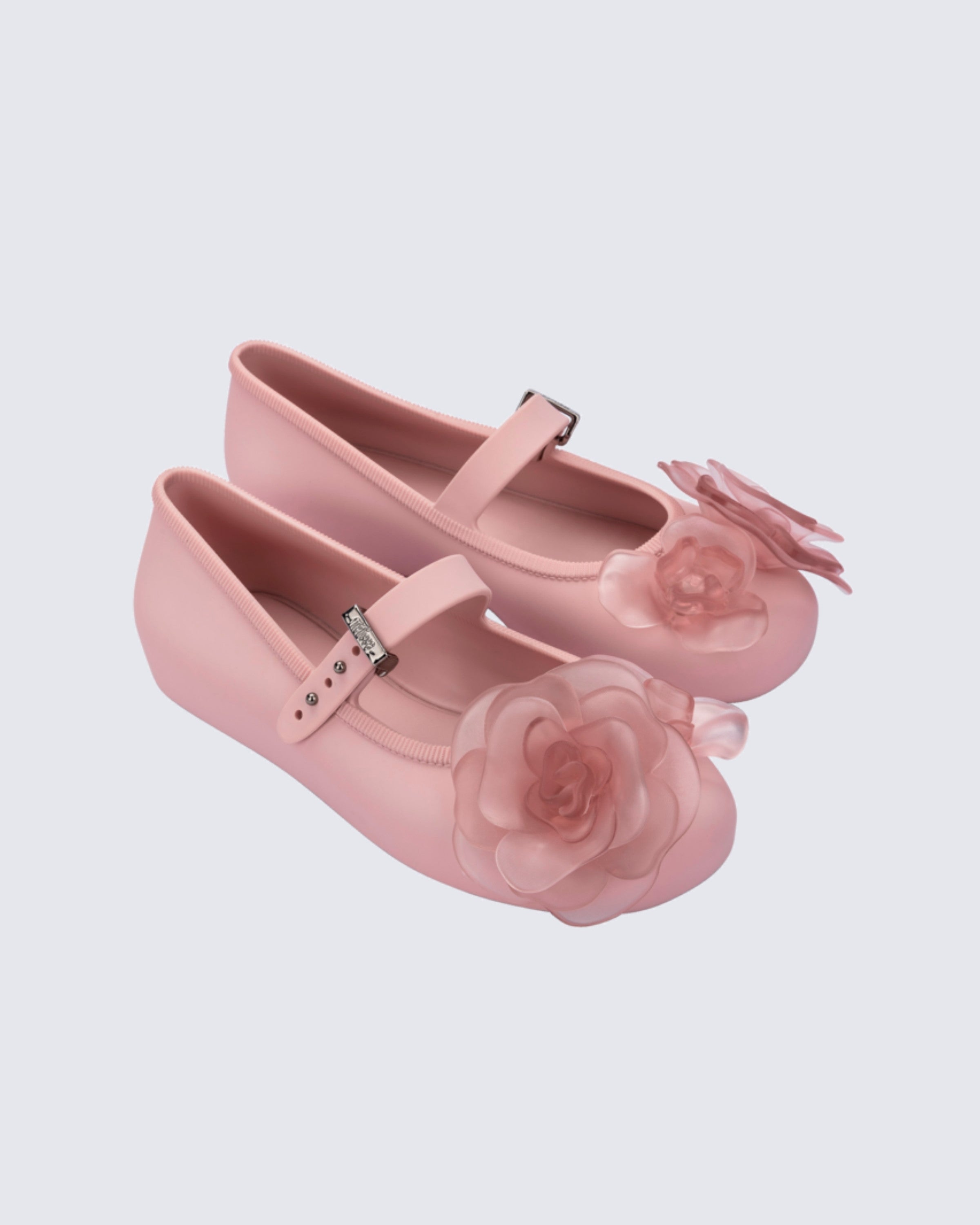 Mini Melissa Soft Ballerina Petals pembe kız çocuk balerin ayakkabısı, çiçek detaylı tasarım ve Mary Jane kayış