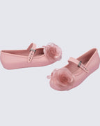 Mini Melissa pembe balerin ayakkabı, çiçek aplike detaylı, yumuşak tabanlı çocuk ayakkabısı