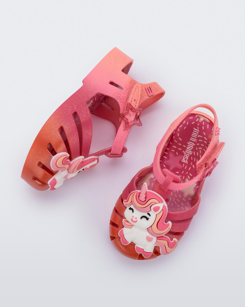 Mini Melissa Possession Uni Baby kırmızı unicorn figürlü çocuk sandalet üstten görünüm