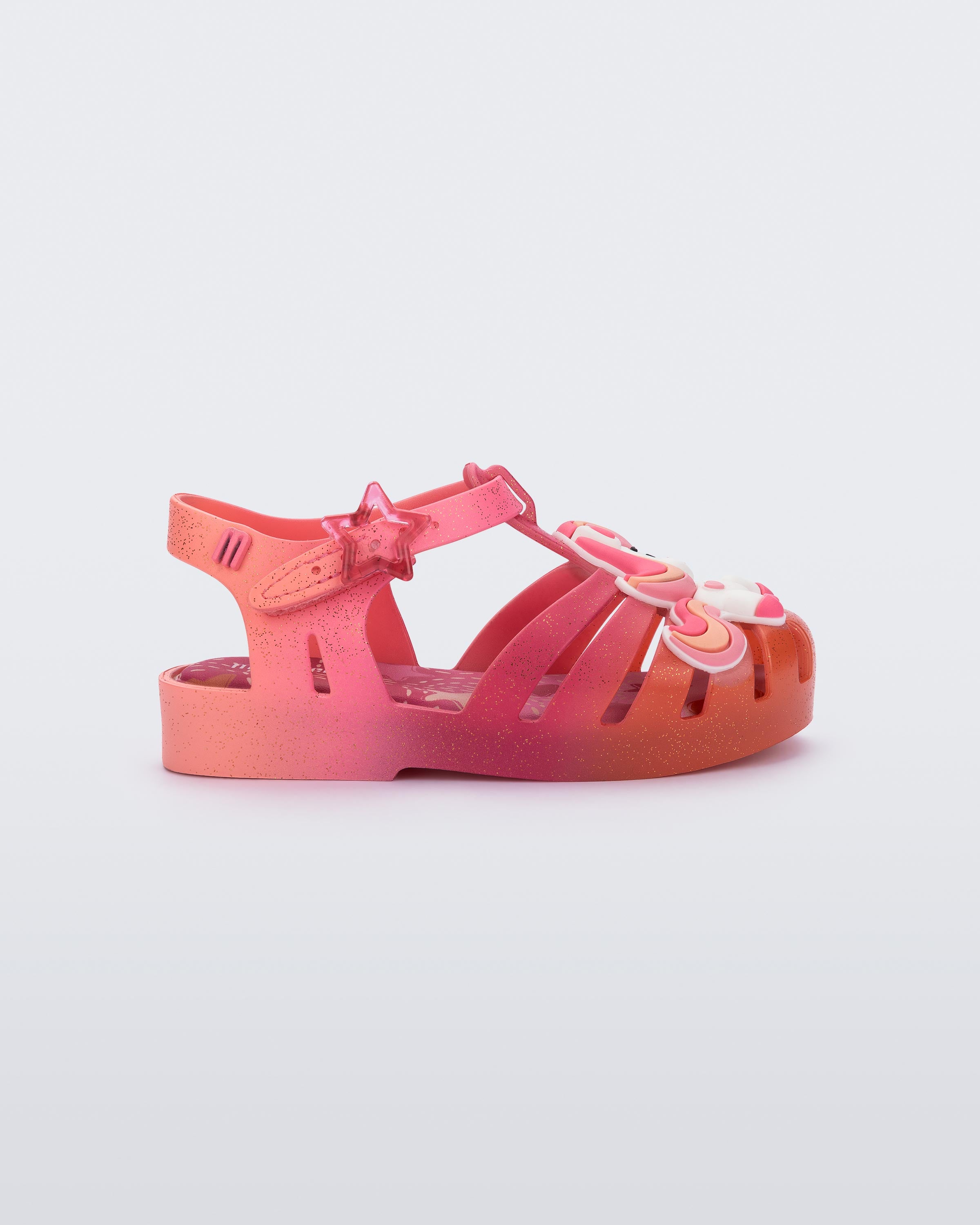 Mini Melissa unicorn aplikeli kırmızı sandalet yan profil detay
