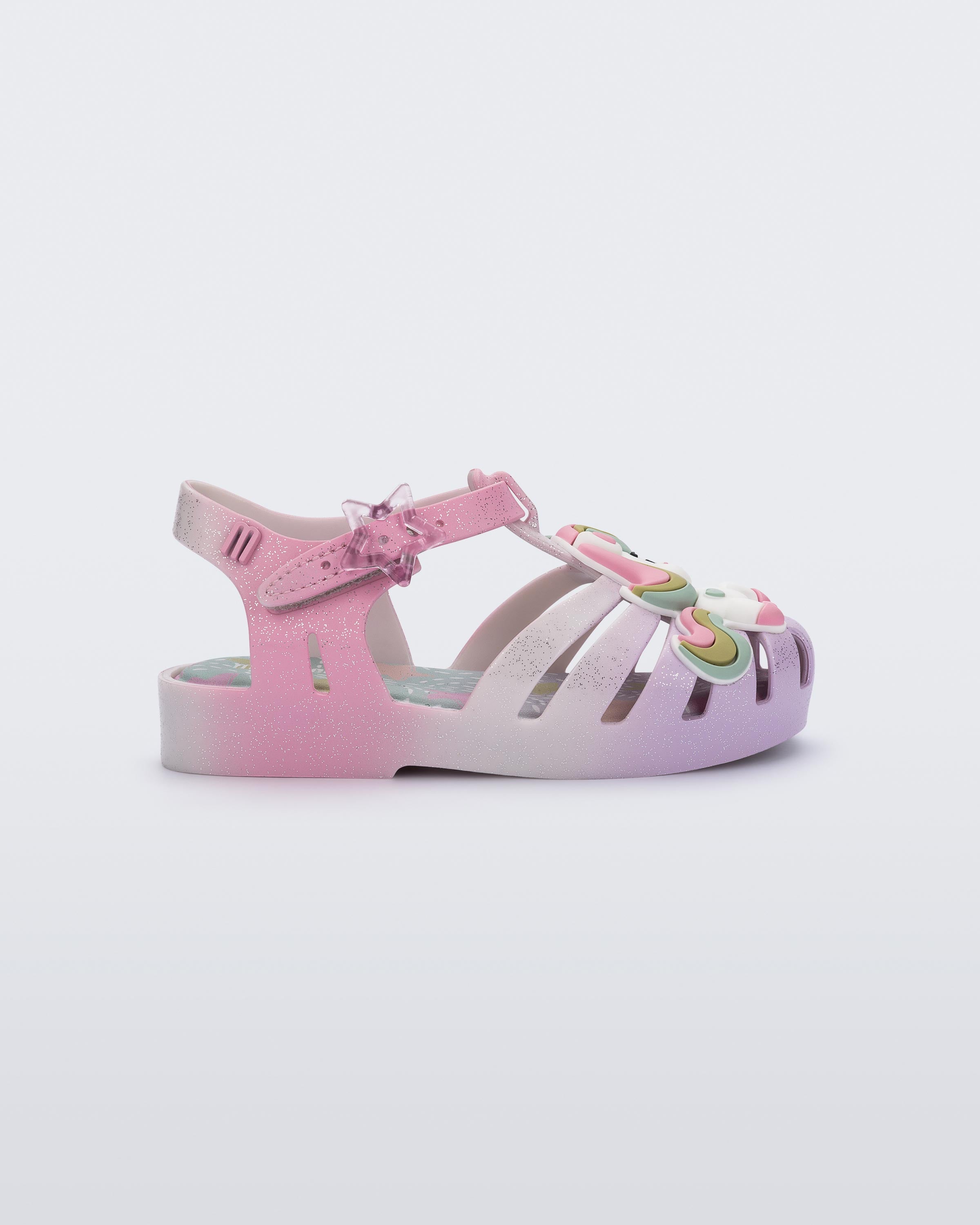 Mini Melissa lila unicorn aplikeli sandalet yan profil