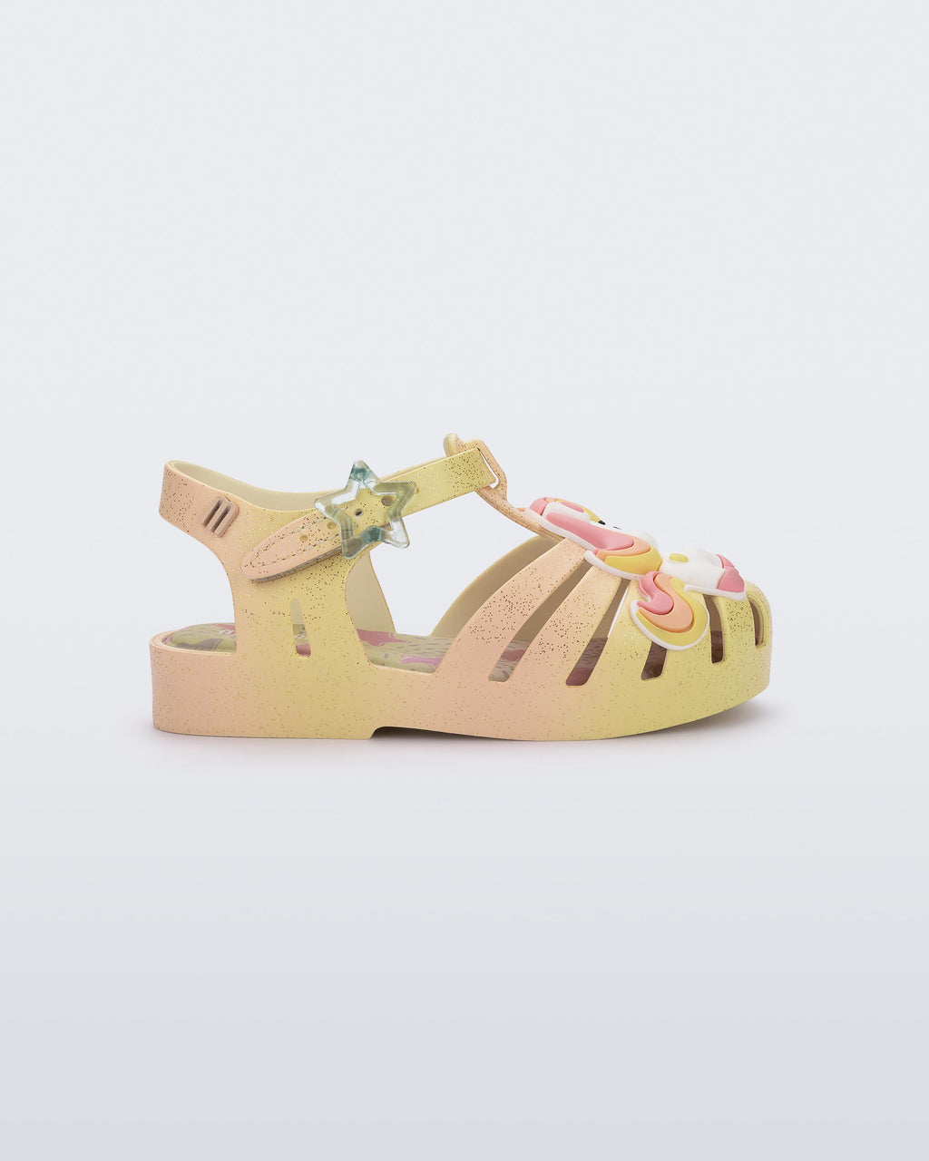 Mini Melissa sarı unicorn aplikeli sandalet yan profil
