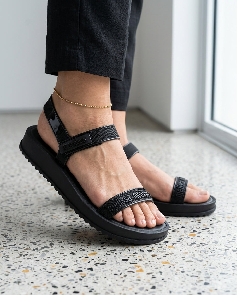Siyah keten pantolonla kombinlenmiş siyah Melissa M-Lover Papete kadın sandalet. Minimalist kentsel stilde, kalın tabanlı ve cırt cırtlı rahat yazlık ayakkabı görünümü.