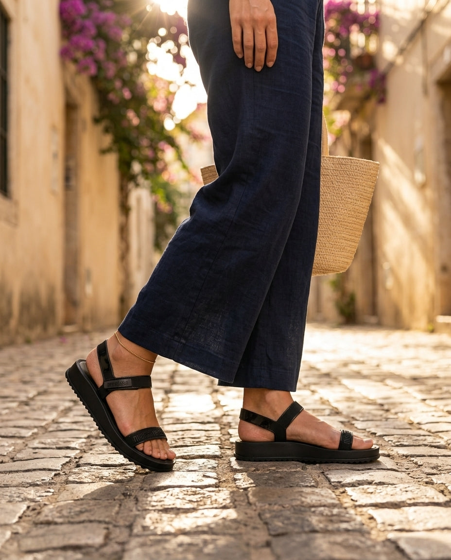 Avrupa sokaklarında geniş paça keten pantolonla eşleştirilmiş kalın tabanlı siyah Melissa M-Lover Papete kadın sandalet. Efor sarf edilmemiş günlük şehir şıklığı ve sokak modası kombini.