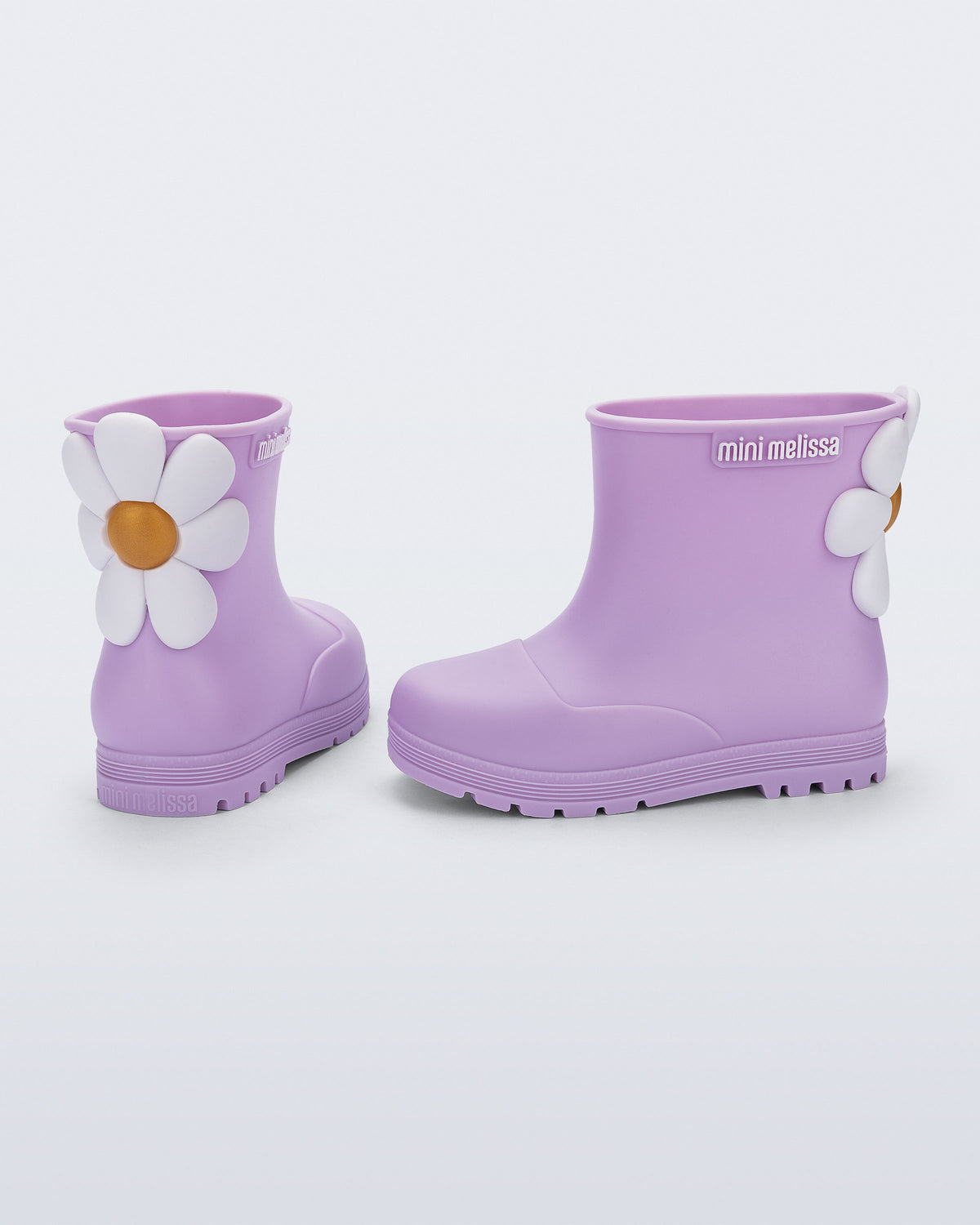 Lila Mini Melissa Welly Bloomy çifti üstten açıyla; mat verniks kaplama net şekilde görünüyor.
