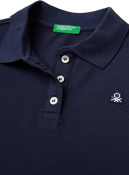 Benetton Polo Yaka Logolu Pamuk 3 Düğmeli Lacivert Tişört