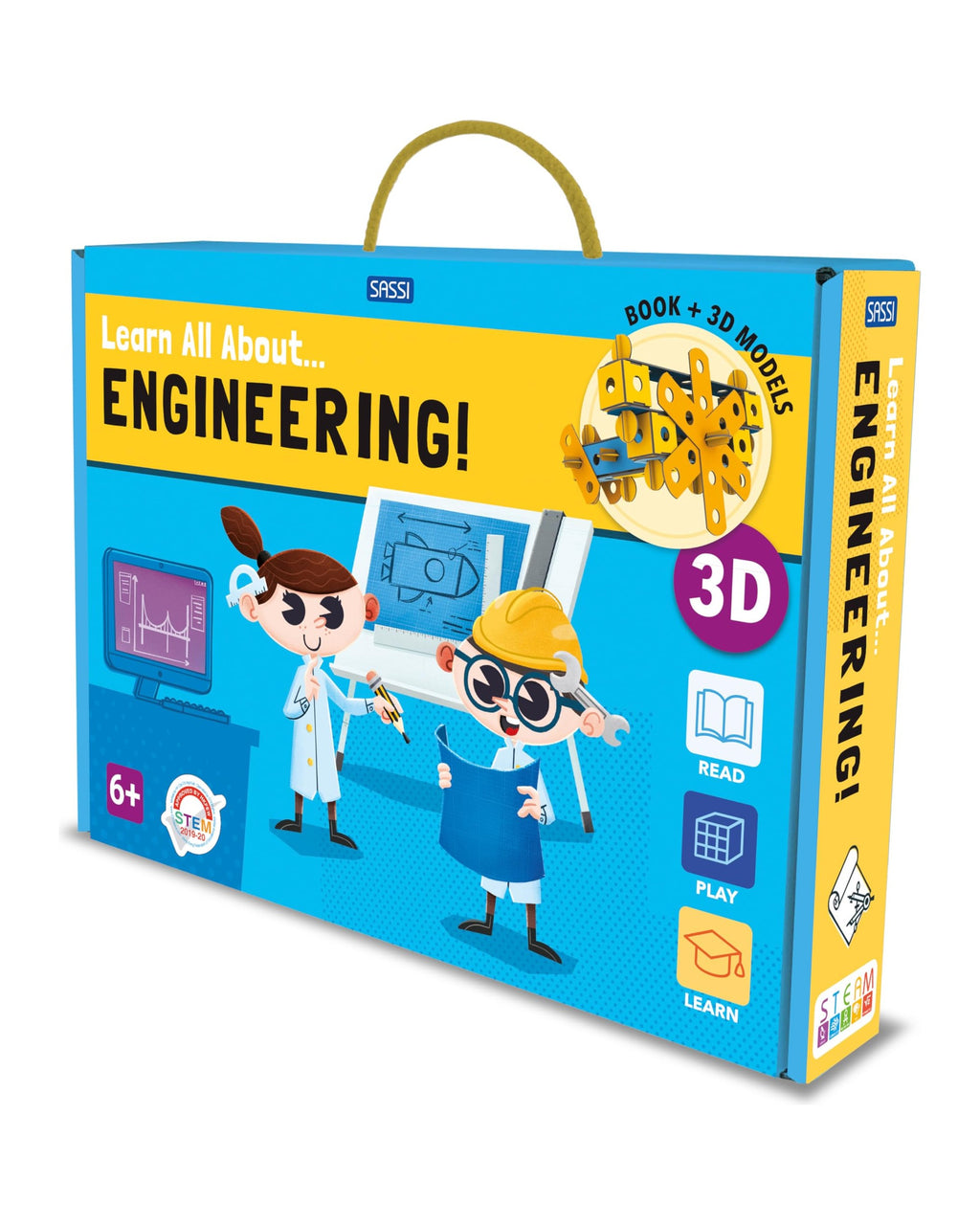 Learn All About Engineering saplı kutusu, çizim masasında iki çocuk mühendis ve 6+ ibaresi