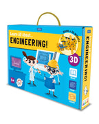 Learn All About Engineering saplı kutusu, çizim masasında iki çocuk mühendis ve 6+ ibaresi