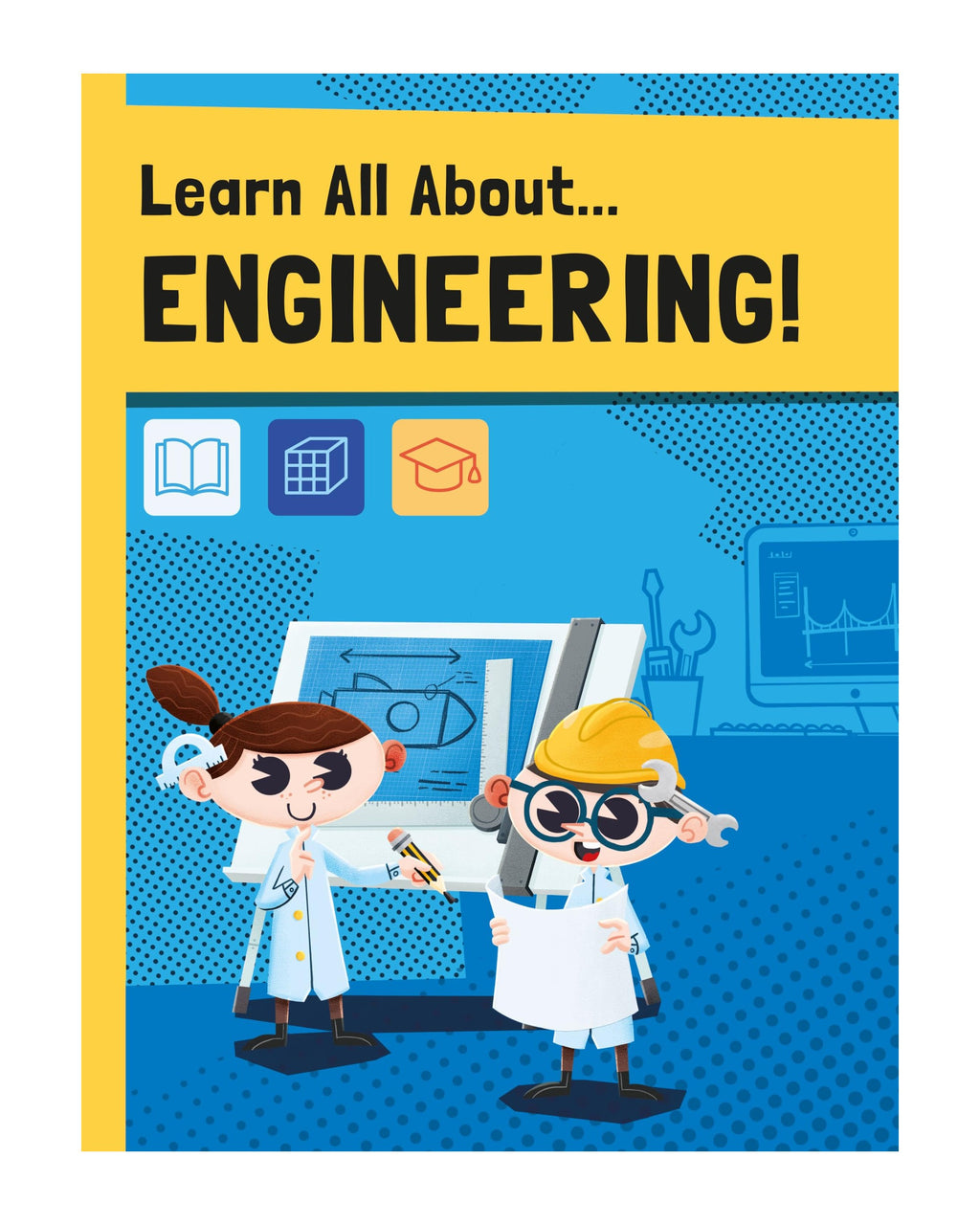 Kutudan çıkan Learn All About Engineering kitapçığının kapağı, gözlüklü çocuk mühendisler