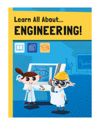 Kutudan çıkan Learn All About Engineering kitapçığının kapağı, gözlüklü çocuk mühendisler