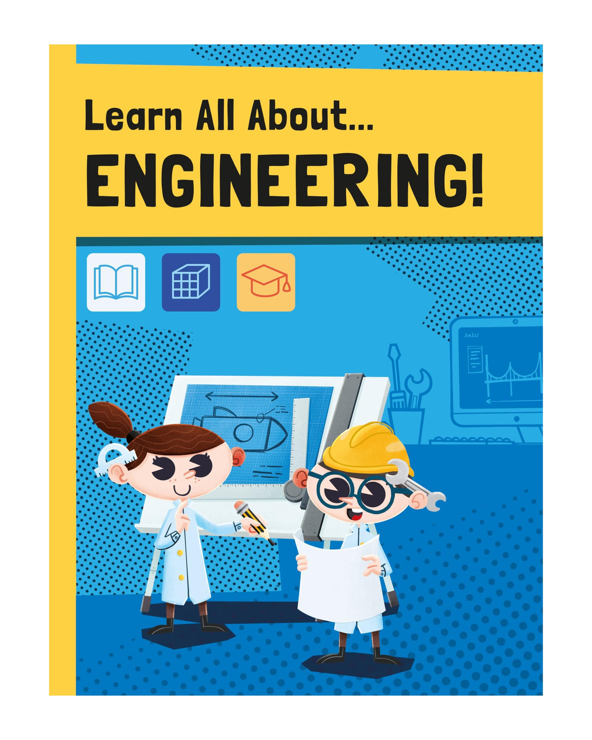 Kutudan çıkan Learn All About Engineering kitapçığının kapağı, gözlüklü çocuk mühendisler