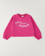iDO Kız Çocuk Really Groovy Üç Parça Eşofman Takımı - fuşya crop sweatshirt, simli beyaz yazı ve iki simli kalp