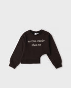 iDO Kız Çocuk Taşlı Yazılı Asimetrik Crop Sweatshirt - Koyu Kahve (5-9 Yaş)