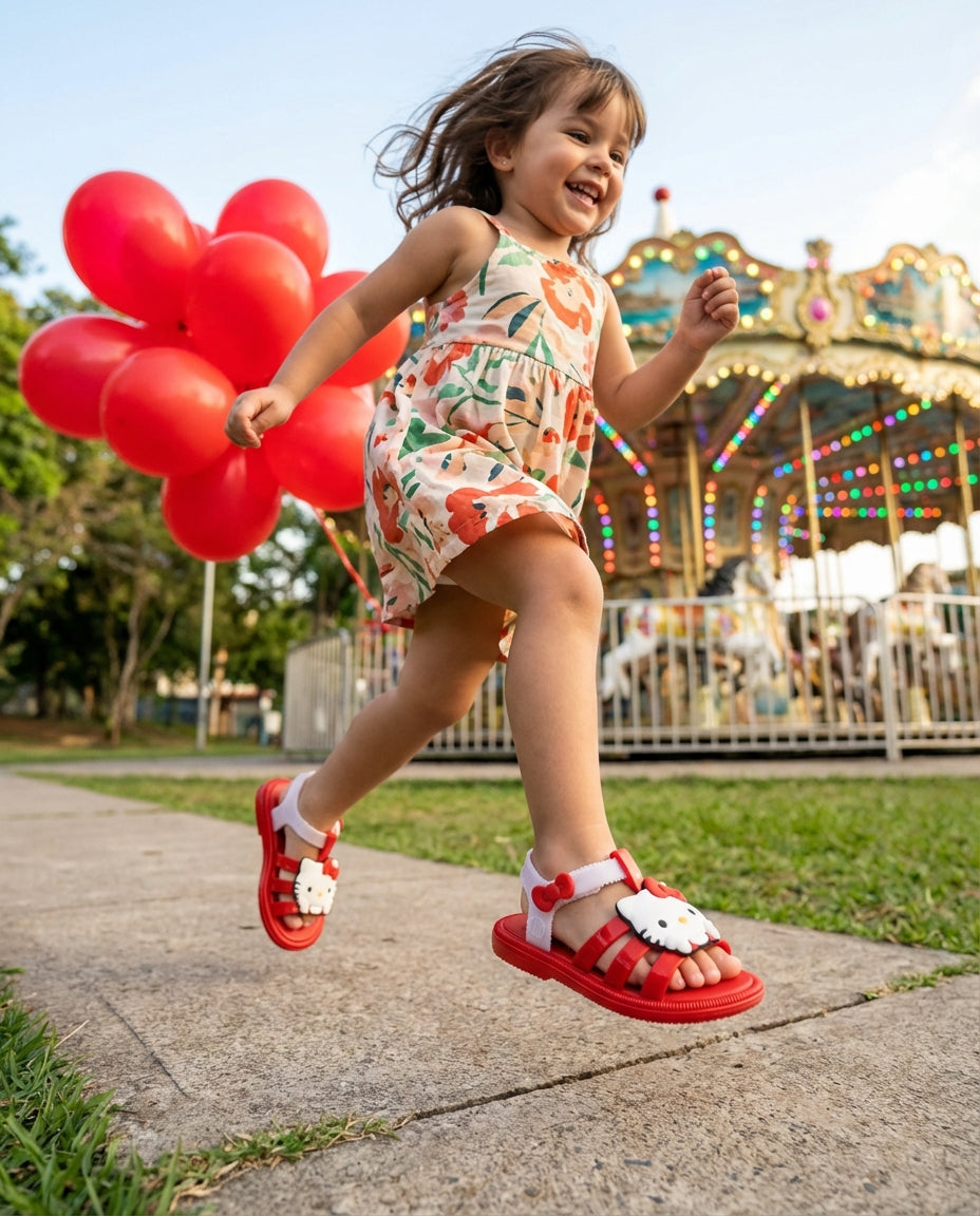 Mini Melissa Hip Hello Kitty Baby çocuk sandalet kiz cocugu giyiyor ve parkta oynuyor