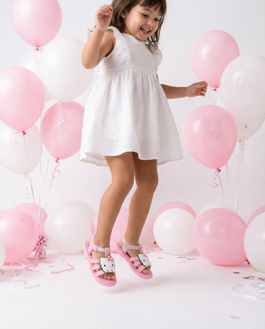 Doğum günü partisi konseptinde pembe Hello Kitty Mini Melissa sandalet, kız çocuk hediye önerisi.