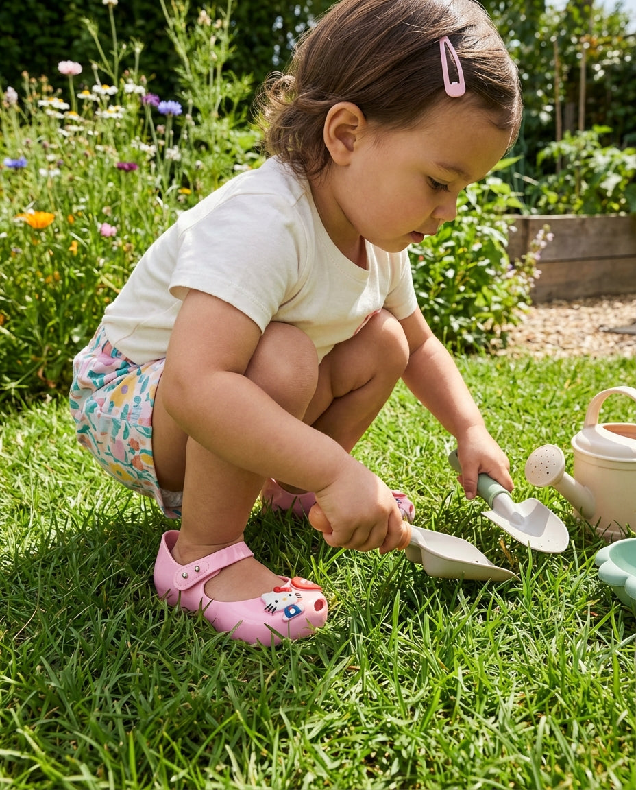 Mini Melissa pembe figürlü babet ayakkabısıyla bahçede oyun oynayan kız çocuk doğa kombini