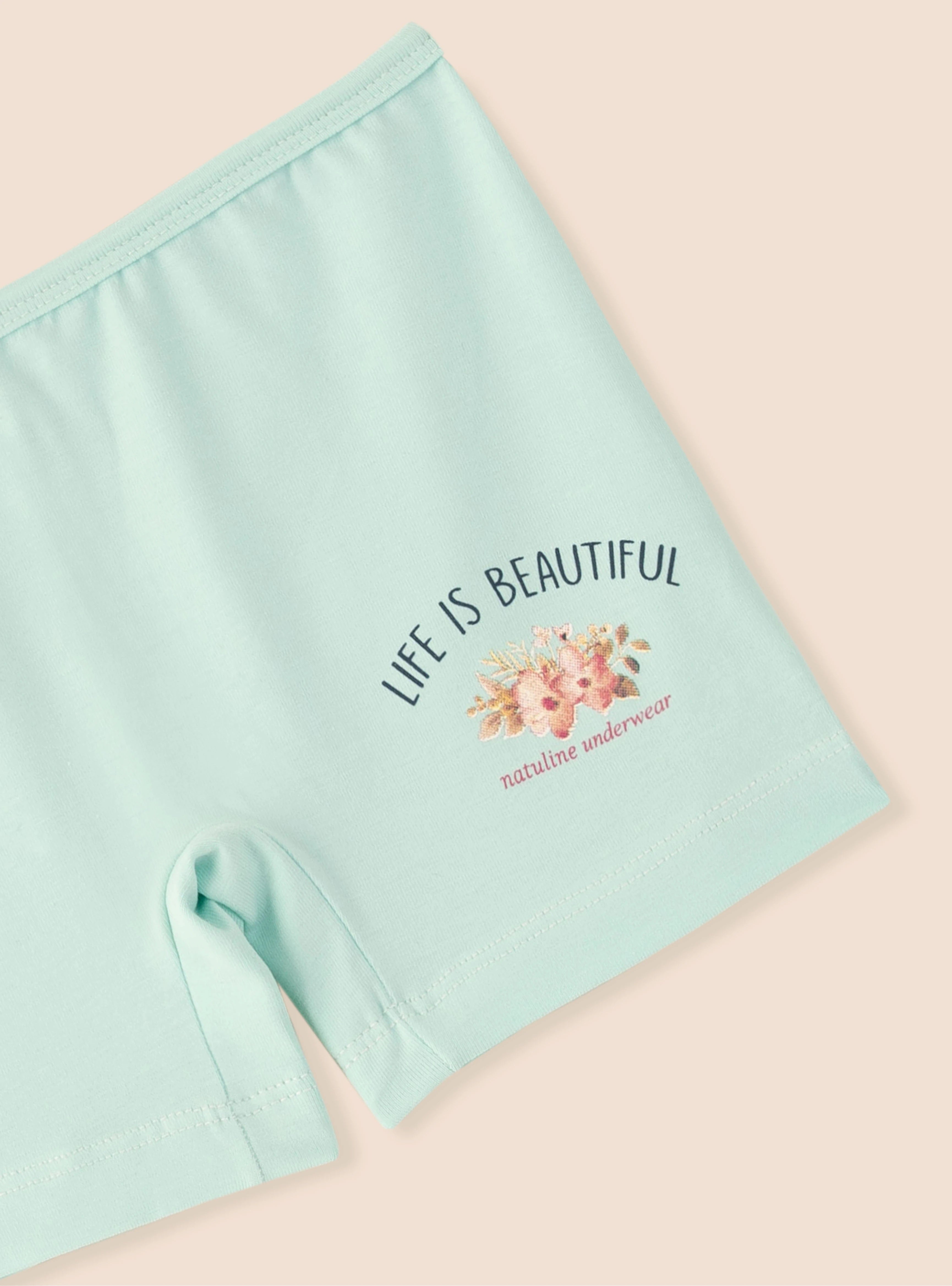 Natuline 5508 Organik Pamuklu Kız Çocuk  Likralı Boxer Life İs Beautiful 3'lü Paket