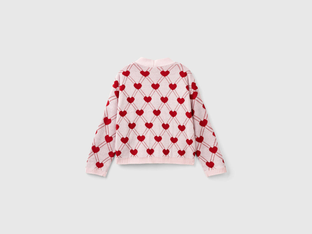 Benetton Kız Çocuk Açık Pembe Tamamı Kalp Desenli 4 Düğmeli V Yaka Hırka - Riki Baby&Kids