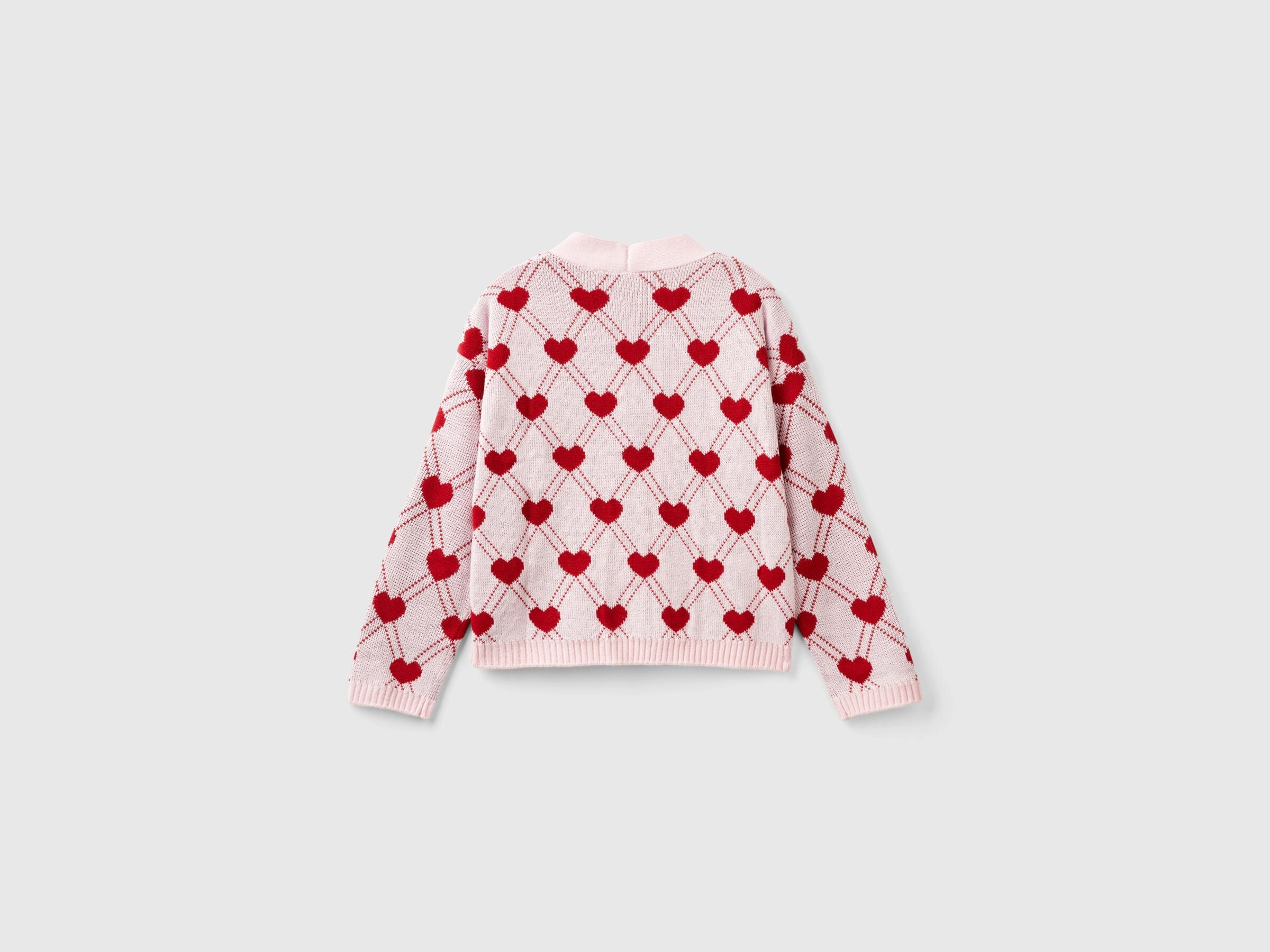 Benetton Kız Çocuk Açık Pembe Tamamı Kalp Desenli 4 Düğmeli V Yaka Hırka - Riki Baby&Kids