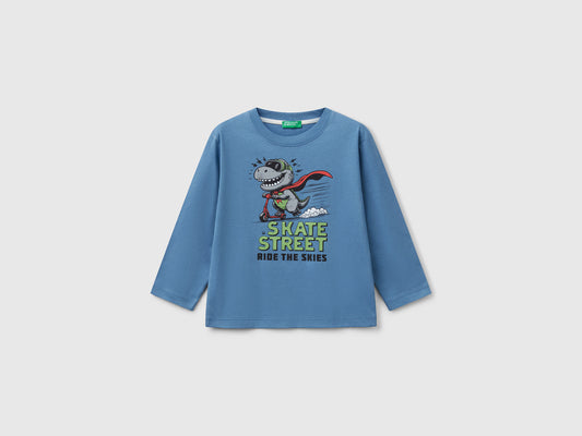 Benetton Erkek Bebek Havacı Mavi Önü Baskılı Bisiklet Yaka Uzun Kollu T-Shirt