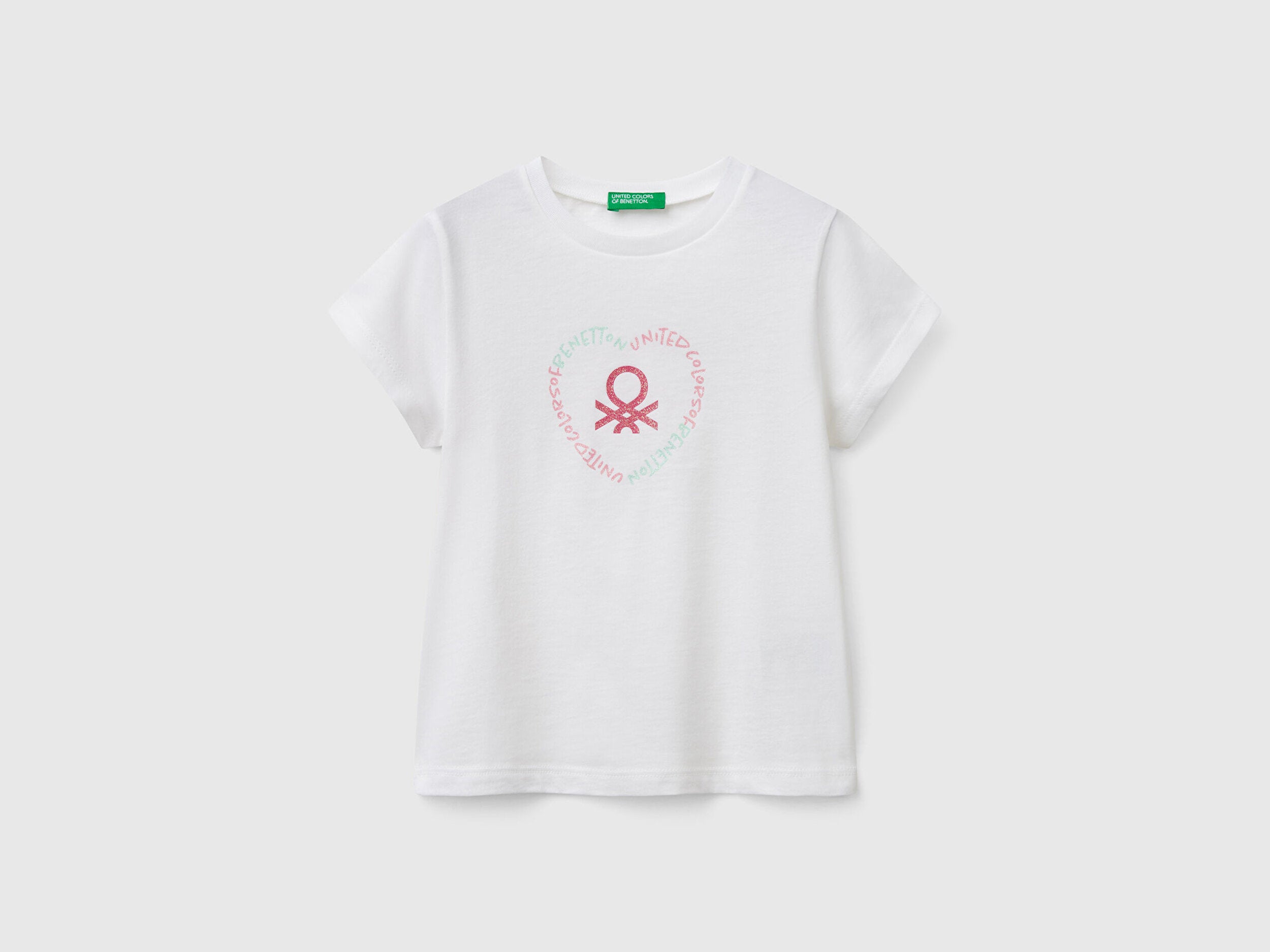 Benetton Kız Bebek Beyaz Simli Benetton Logo Baskılı Tişört