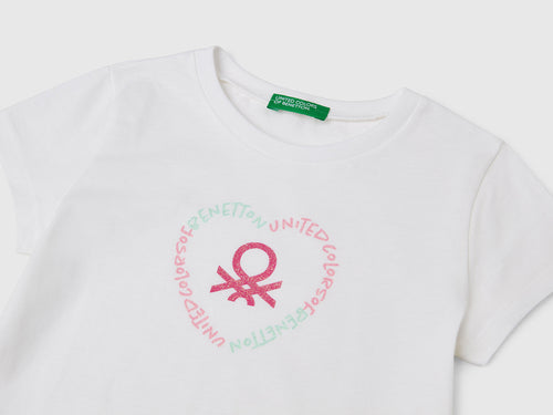 Benetton Kız Bebek Beyaz Simli Benetton Logo Baskılı Tişört