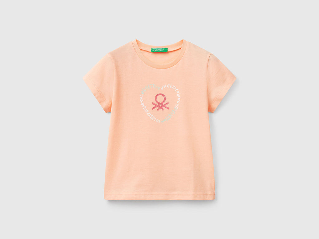 Benetton Kız Bebek Yavruağzı Simli Benetton Logo Baskılı Tişört
