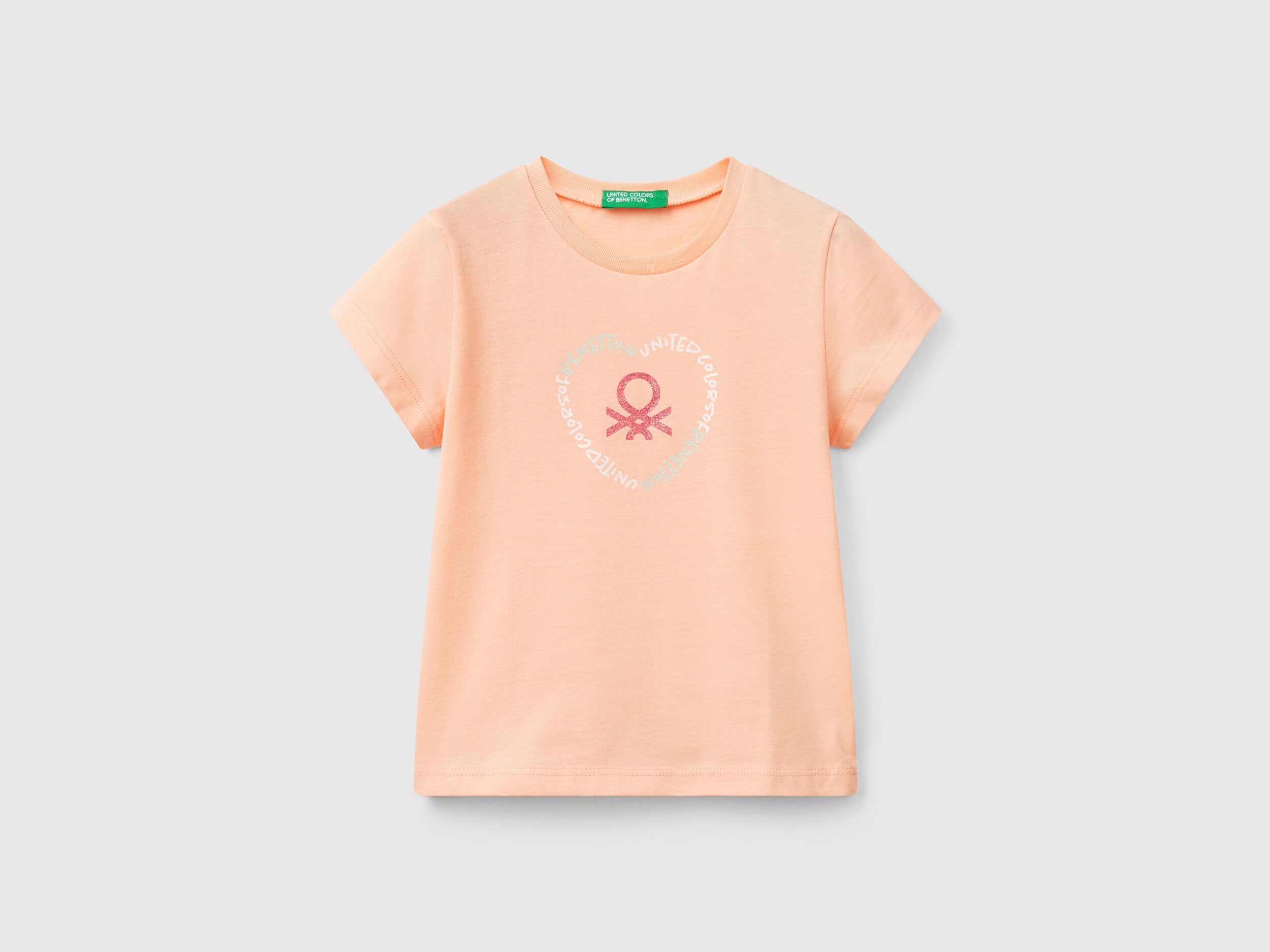 Benetton Kız Bebek Yavruağzı Simli Benetton Logo Baskılı Tişört
