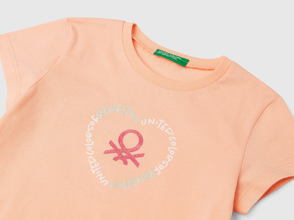 Benetton Kız Bebek Yavruağzı Simli Benetton Logo Baskılı Tişört