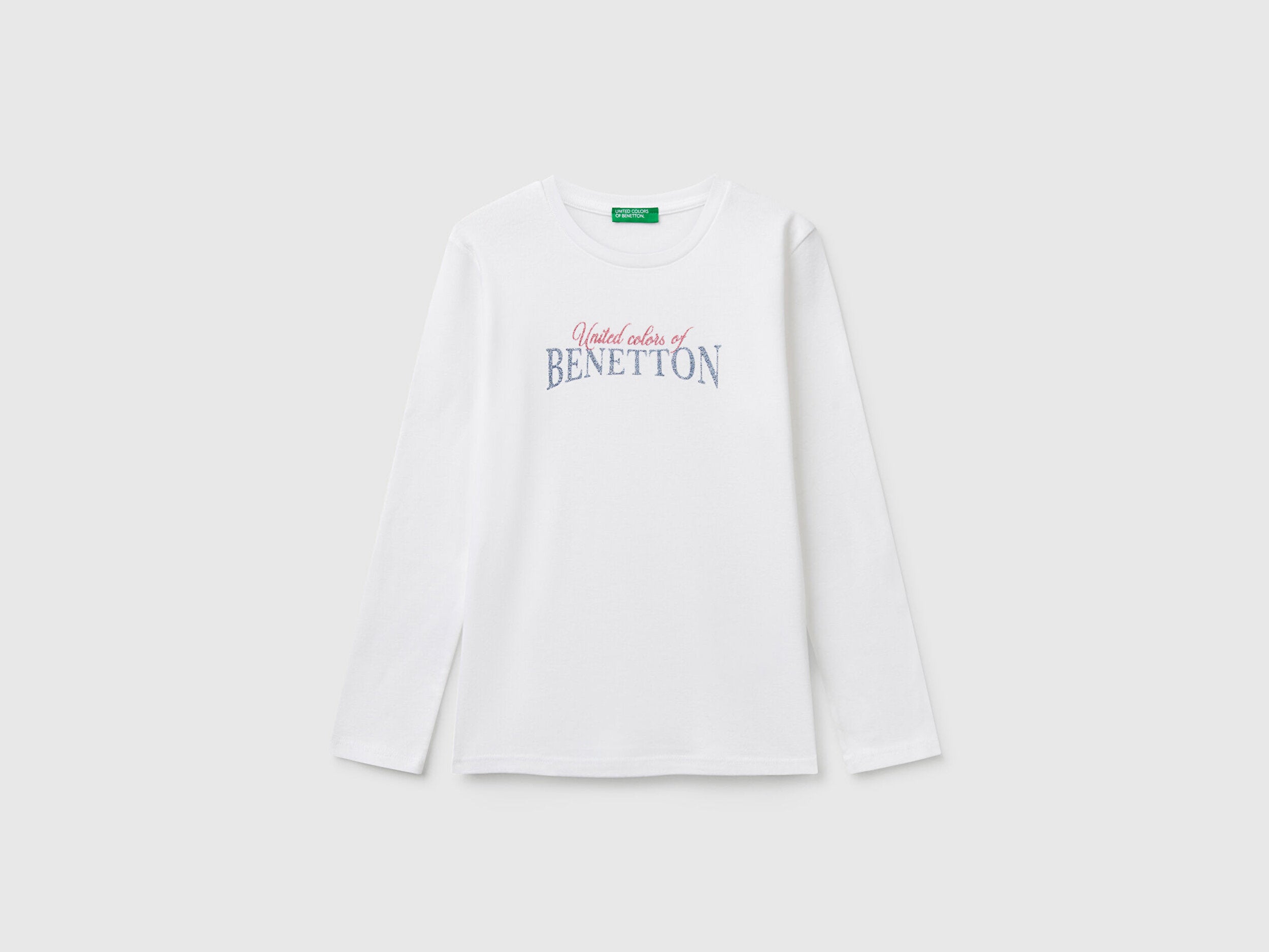 Benetton Kız Çocuk Beyaz Simli Benetton Logo Baskılı Tişört